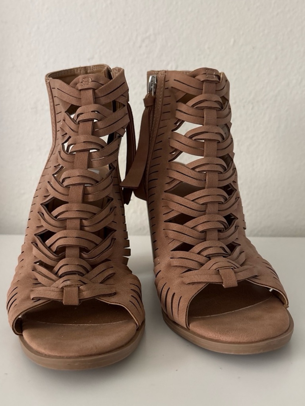Women's Tan Braided Peep-Toe Heels